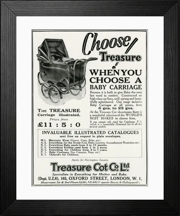 Framed Print : Advert for Treasure Cot, baby carriages 1927 Framed Print : Advert for Treasure Cot, baby carriages 1927