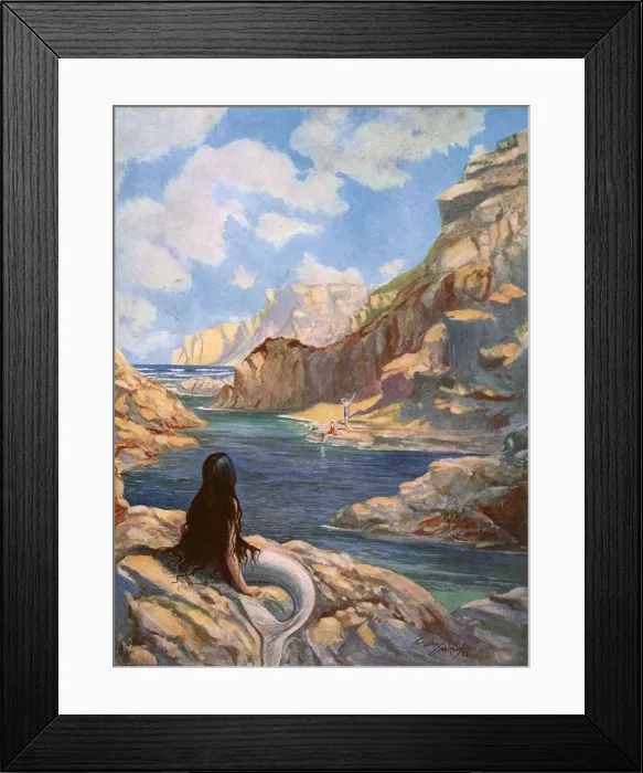 Framed Print : Intruders! By Godfrey Wilson, mermaid watching bathers Framed Print : Intruders! By Godfrey Wilson, mermaid watching bathers
