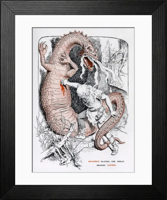 Framed Print : Siegfried slaying the great dragon Fafner Framed Print : Siegfried slaying the great dragon Fafner