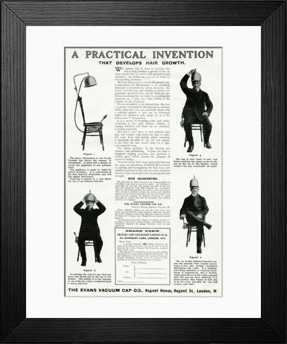Framed Print : Advert for Evans vacuum cap for growth of hair 1906 Framed Print : Advert for Evans vacuum cap for growth of hair 1906