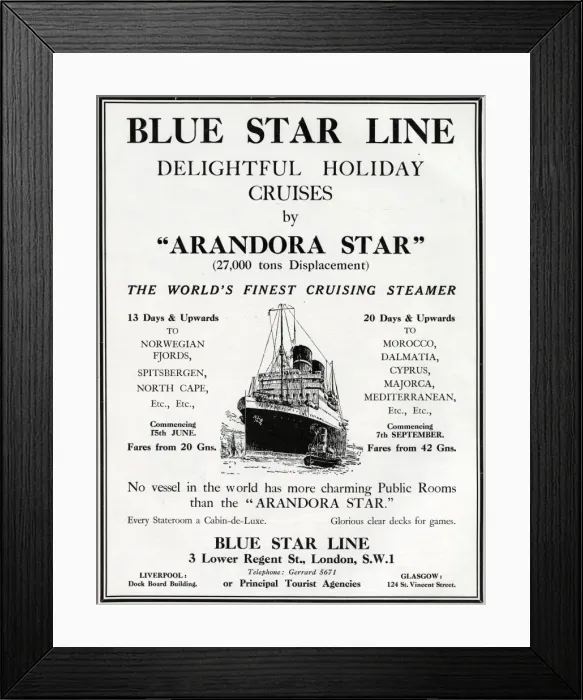Framed Print : Advertisement for the Arandora Star cruise ship Framed Print : Advertisement for the Arandora Star cruise ship