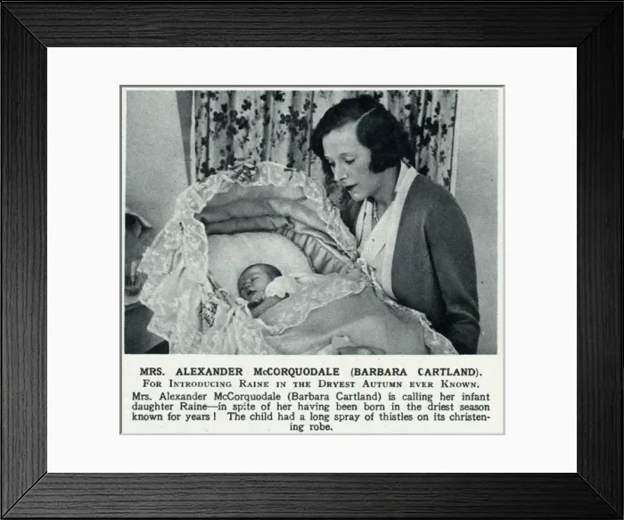 Framed Print : Barbara Cartland with newborn daughter, Raine