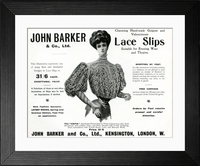 Framed Print : Advert for John Barker & Co, lace slips 1906 Framed Print : Advert for John Barker & Co, lace slips 1906