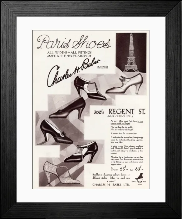 Framed Print : Advert for Charles H. Baber ladies footwear 1929