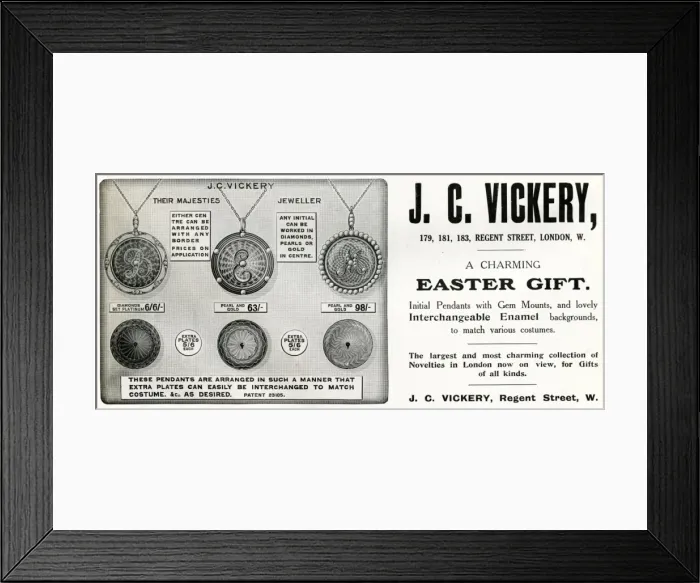Framed Print : Advert for J. C Vickery personalised jewellery 1912 Framed Print : Advert for J. C Vickery personalised jewellery 1912