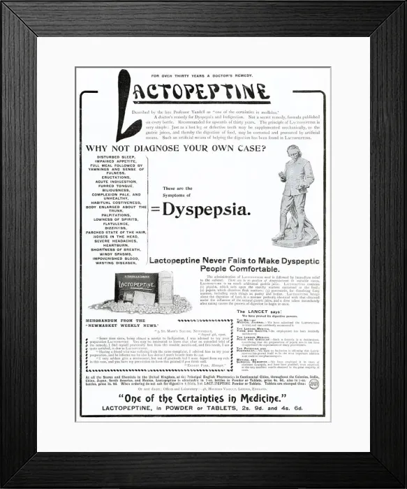 Framed Print : Doctors remedy use Lactopeptine reliving indigestion and dyspepsia Framed Print : Doctors remedy use Lactopeptine reliving indigestion and dyspepsia