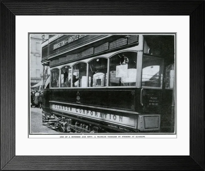 Framed Print : Railway strike 1911: Tramcar damage by strikers at Glasgow Framed Print : Railway strike 1911: Tramcar damage by strikers at Glasgow