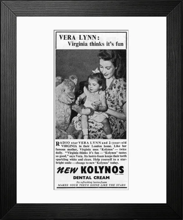 Framed Print : Kolynos toothpaste advertisement Vera Lynn Framed Print : Kolynos toothpaste advertisement Vera Lynn