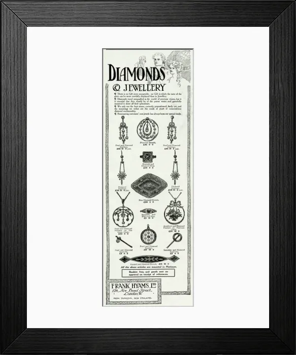 Framed Print : Advert for Frank Hyams Ltd, diamonds jewellery 1911 Framed Print : Advert for Frank Hyams Ltd, diamonds jewellery 1911