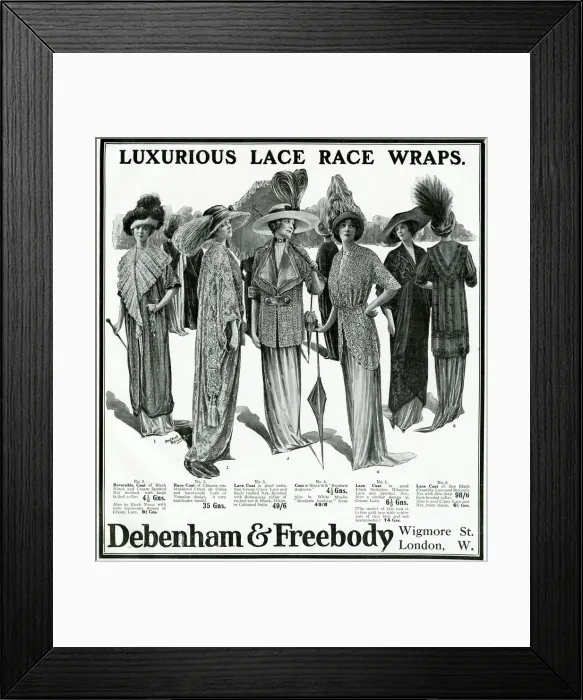 Framed Print : Advert for Debenham & Freebody lace race wraps 1912 Framed Print : Advert for Debenham & Freebody lace race wraps 1912
