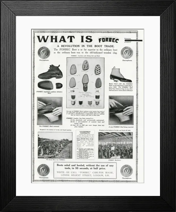 Framed Print : Advert for Forbec footwear sole & heel inserts 1912 Framed Print : Advert for Forbec footwear sole & heel inserts 1912