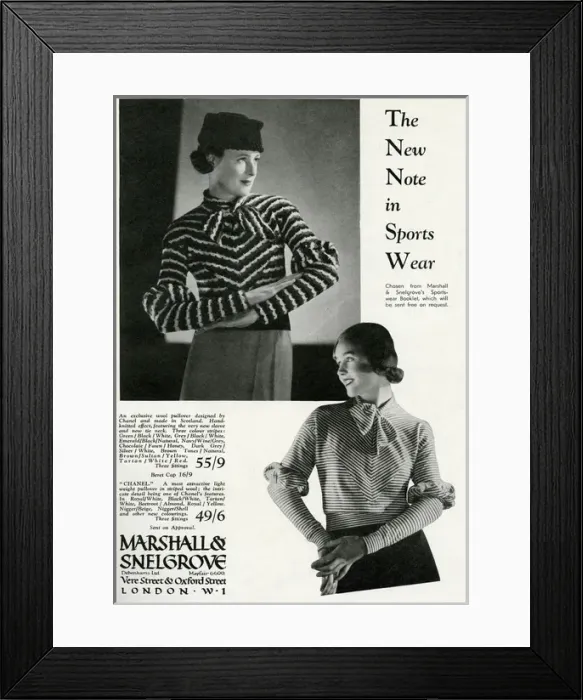 Framed Print : Advert for Marshall & Snelgrove fashionable stripes 1933 Framed Print : Advert for Marshall & Snelgrove fashionable stripes 1933