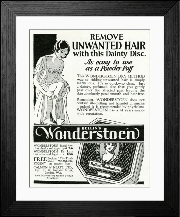 Framed Print : Advert for Bellins Wonderstoen hair removal 1933