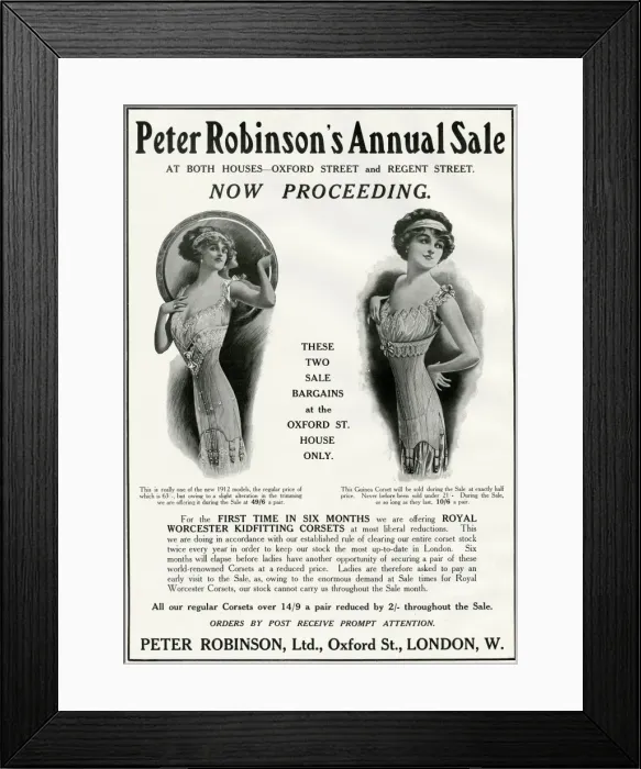 Framed Print : Advert for Peter Robinsons womens undergarments 1912 Framed Print : Advert for Peter Robinsons womens undergarments 1912