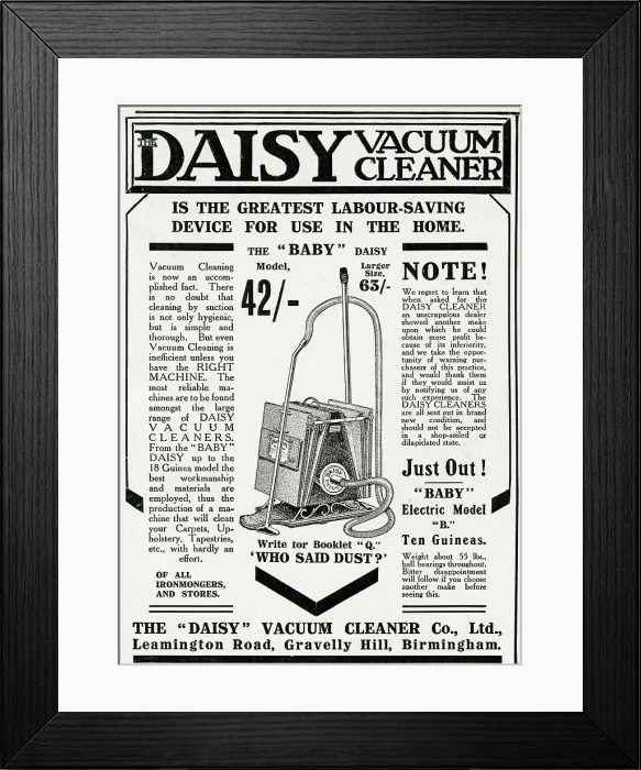 Framed Print : Advert for Daisy vacuum cleaner 1912 Framed Print : Advert for Daisy vacuum cleaner 1912