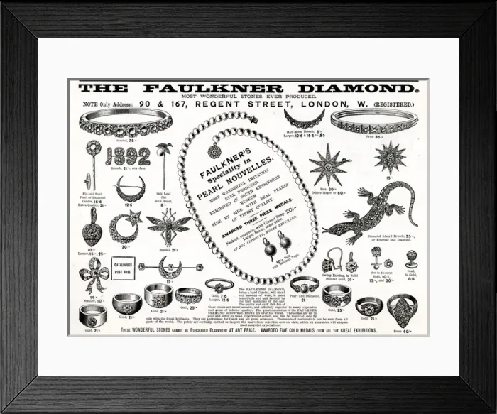 Framed Print : Advert for Faulkner diamond jewellery 1892 Framed Print : Advert for Faulkner diamond jewellery 1892