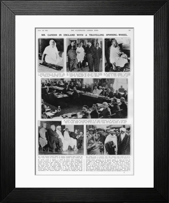 Framed Print : Mr Gandhi in England with a travelling spinning-wheel, 1931 Framed Print : Mr Gandhi in England with a travelling spinning-wheel, 1931