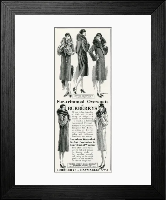 Framed Print : Advert for Burberry fur trimmed overcoats 1929 Framed Print : Advert for Burberry fur trimmed overcoats 1929