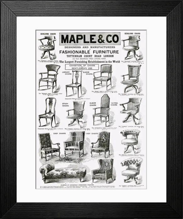 Framed Print : Advert for for Maple & Co chairs 1900 Framed Print : Advert for for Maple & Co chairs 1900