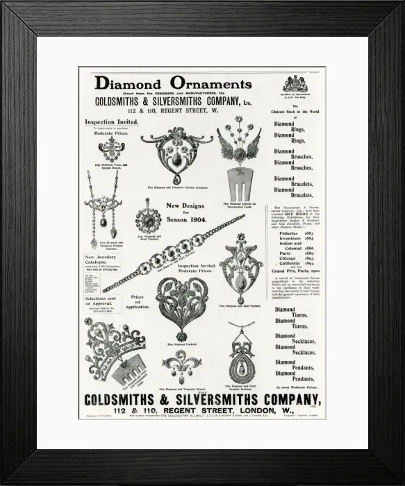 Framed Print : Advert for Goldsmiths & Silversmiths jewellery 1904 Framed Print : Advert for Goldsmiths & Silversmiths jewellery 1904