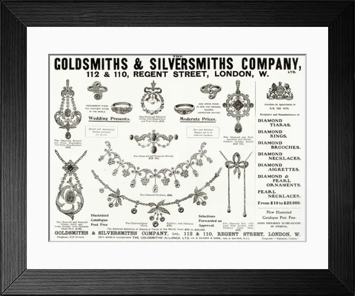 Framed Print : Advert for Goldsmiths & Silversmiths jewellery 1904 Framed Print : Advert for Goldsmiths & Silversmiths jewellery 1904