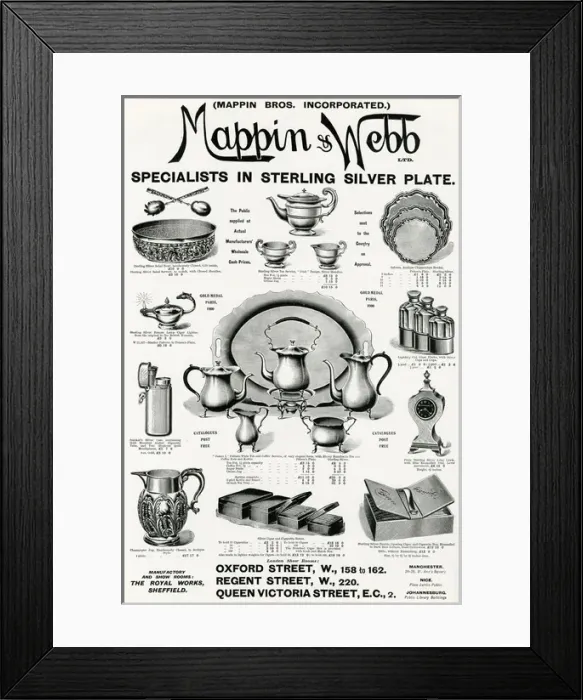 Framed Print : Advert for Mappin & Webb Sterling Silver items 1904 Framed Print : Advert for Mappin & Webb Sterling Silver items 1904