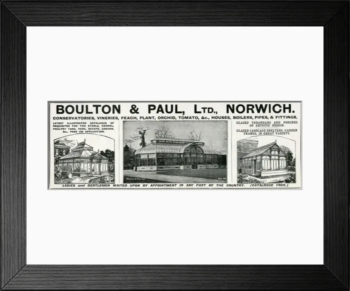 Framed Print : Advert for Boulton & Paul, Ltd, conservatories 1904 Framed Print : Advert for Boulton & Paul, Ltd, conservatories 1904