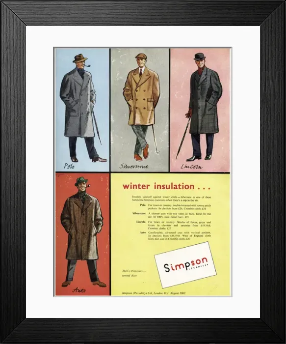 Framed Print : Advert for Simpson mens winter overcoats 1952