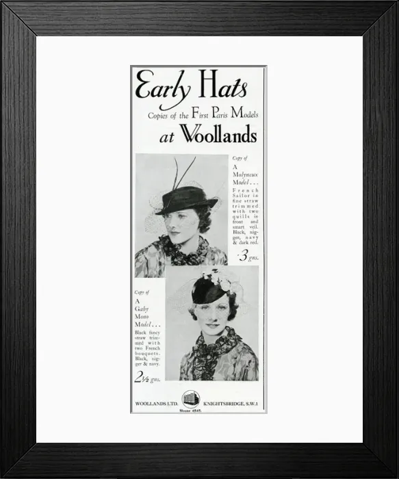 Framed Print : Advert for Woollands of Knightsbridge womens hats 1937 Framed Print : Advert for Woollands of Knightsbridge womens hats 1937