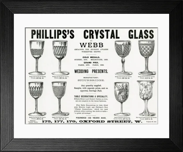 Framed Print : Advert for Phillipss crystal glasses 1892 Framed Print : Advert for Phillipss crystal glasses 1892