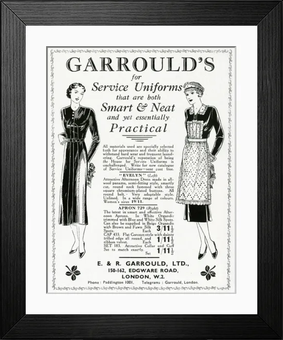Framed Print : Advert for Garroulds uniforms for maids 1937 Framed Print : Advert for Garroulds uniforms for maids 1937