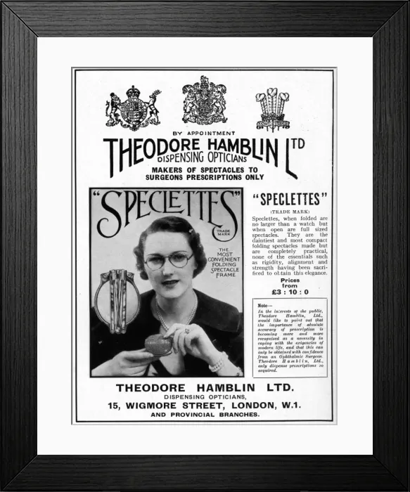 Framed Print : Advert Theodore Hamblin, fold-away spectacles 1937 Framed Print : Advert Theodore Hamblin, fold-away spectacles 1937