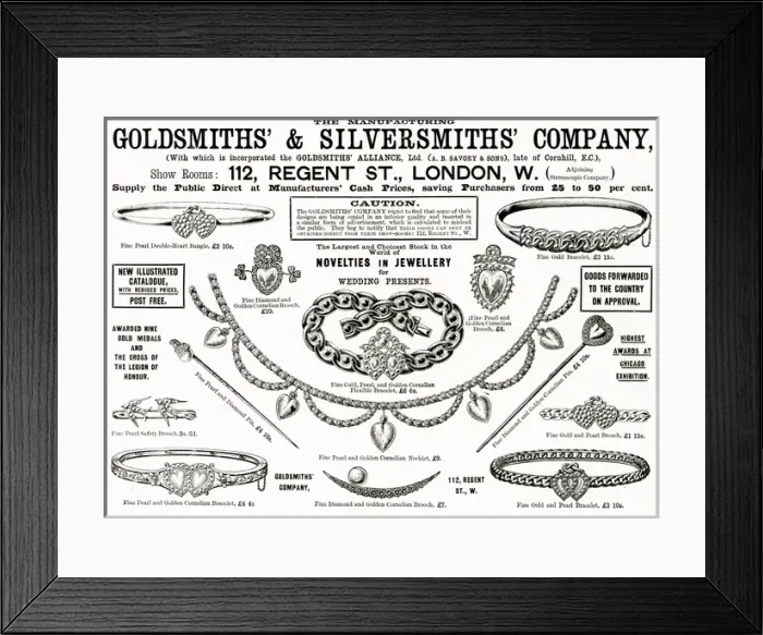 Framed Print : Advert for Goldsmiths & Silversmiths jewellery 1894 Framed Print : Advert for Goldsmiths & Silversmiths jewellery 1894