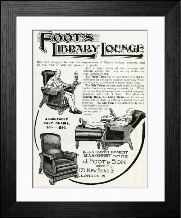 Framed Print : Advert for Foots library lounge chair 1906 Framed Print : Advert for Foots library lounge chair 1906
