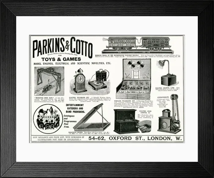 Framed Print : Advert for Parkins and Gotto electrical novelties 1906