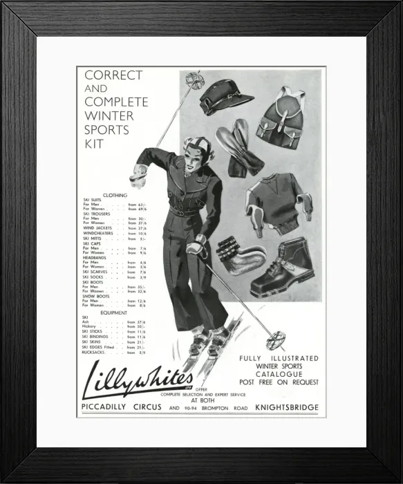 Framed Print : Advert for Lillywhites skiing clothing & accessories 1937 Framed Print : Advert for Lillywhites skiing clothing & accessories 1937
