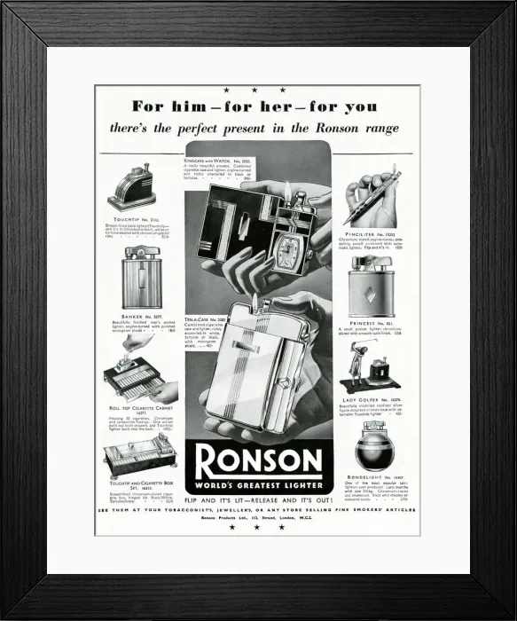 Framed Print : Advert for Ronson lighters 1937 Framed Print : Advert for Ronson lighters 1937