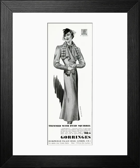 Framed Print : Advert for Gorringes womens fur trim coats 1937 Framed Print : Advert for Gorringes womens fur trim coats 1937