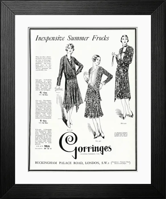 Framed Print : Advert for Gorringes inexpensive summer frocks 1929 Framed Print : Advert for Gorringes inexpensive summer frocks 1929
