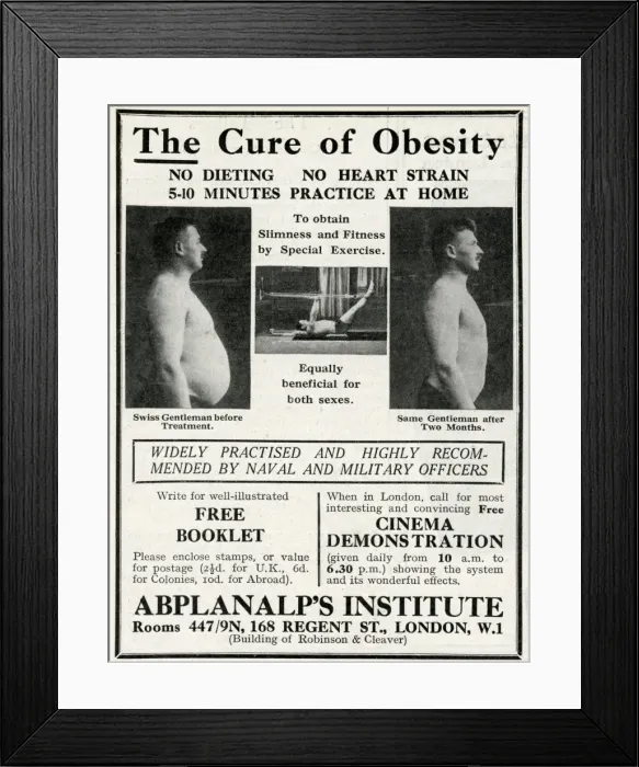 Framed Print : Advert for Abplanalps Institute, cure of obesity 1929 Framed Print : Advert for Abplanalps Institute, cure of obesity 1929