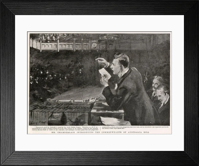 Framed Print : Prime Minister, Joseph Chamberlain in the House of Commons, introducing the Commonwealth of Australia Bill. The Bill which installed for Australia, under one Government, common postal telegraphic and railway services, a common customs tariff Framed Print : Prime Minister, Joseph Chamberlain in the House of Commons, introducing the Commonwealth of Australia Bill. The Bill which installed for Australia, under one Government, common postal telegraphic and railway services, a common customs tariff