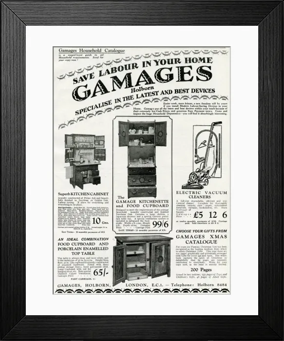 Framed Print : Advert for Gamages kitchen cabinets 1929 Framed Print : Advert for Gamages kitchen cabinets 1929