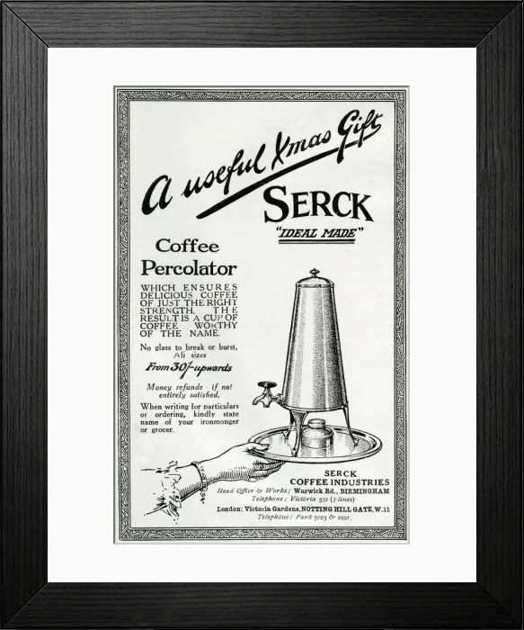 Framed Print : Advert for Serck coffee percolator 1908 Framed Print : Advert for Serck coffee percolator 1908
