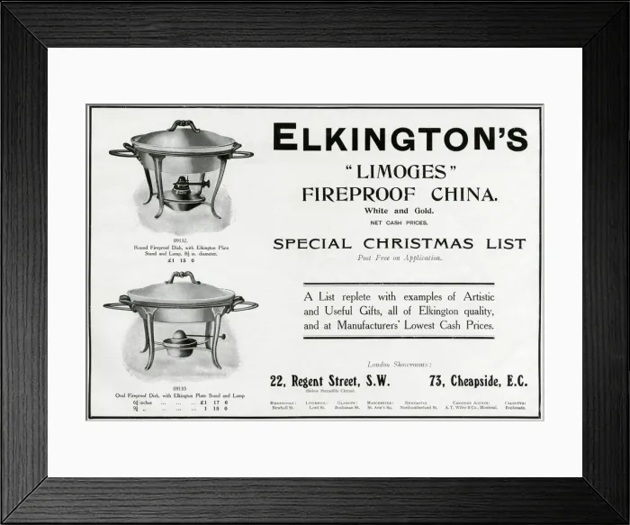 Framed Print : Advert for Elkingtons fireproof dish 1909 Framed Print : Advert for Elkingtons fireproof dish 1909