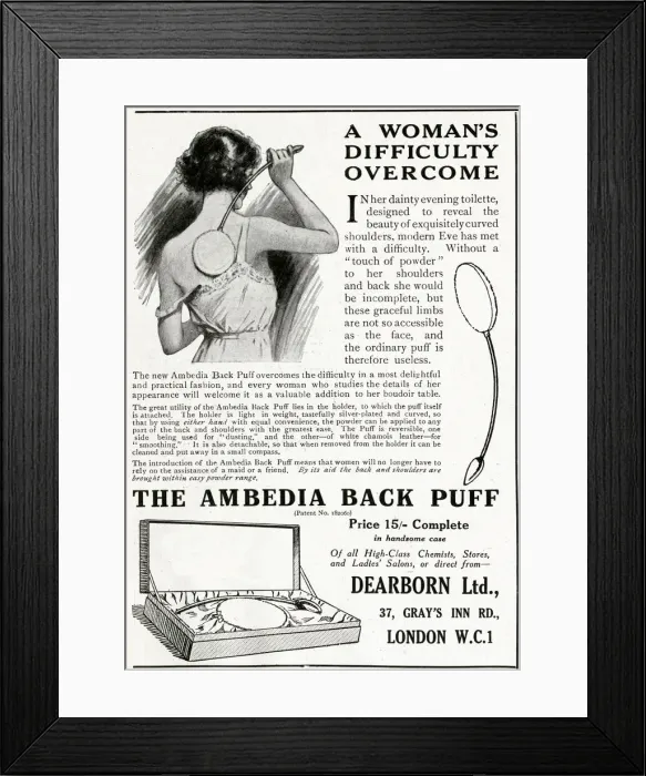 Framed Print : Advert for Dearborn Ltd, the Ambedia Back Puff 1922 Framed Print : Advert for Dearborn Ltd, the Ambedia Back Puff 1922