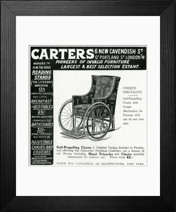 Framed Print : Advert for Carters, self propelling wheelchair 1906 Framed Print : Advert for Carters, self propelling wheelchair 1906