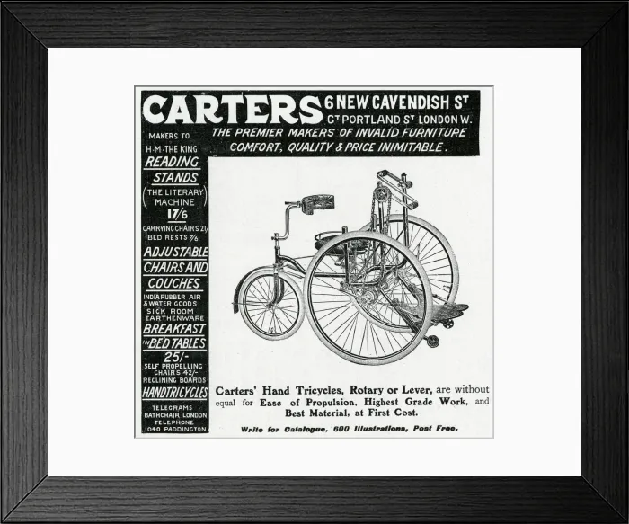 Framed Print : Advert for Carters, rotary or lever wheelchair 1906 Framed Print : Advert for Carters, rotary or lever wheelchair 1906