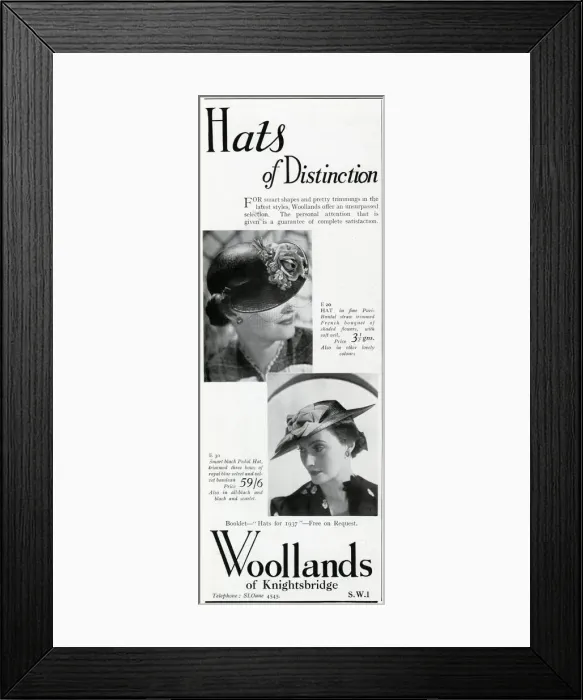Framed Print : Advert for Woollands of Knightsbridge womens hats 1937 Framed Print : Advert for Woollands of Knightsbridge womens hats 1937