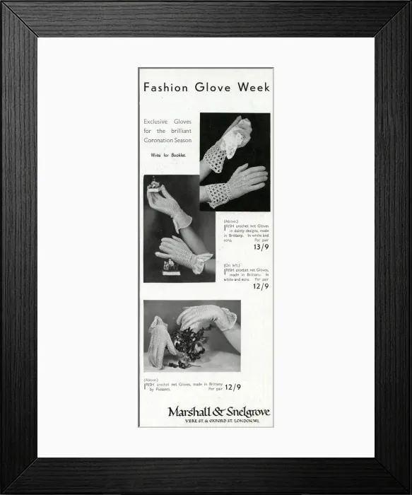 Framed Print : Advert for Marshall & Snelgrove womens wrist glooves 1937