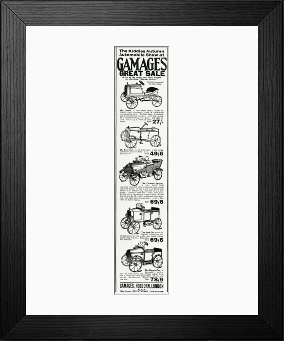 Framed Print : Advert for Gamages model pedal cars 1925 Framed Print : Advert for Gamages model pedal cars 1925